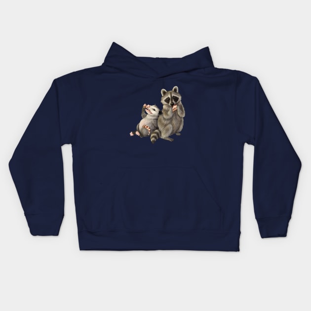 Opossum and Raccoon eating pizza Kids Hoodie by Mehu Art